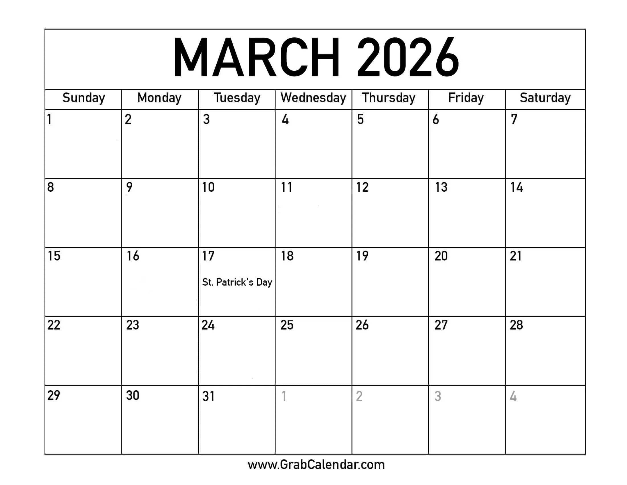 Printable March 2026 Calendar for March 2026 Calendar with Holidays Printable Free