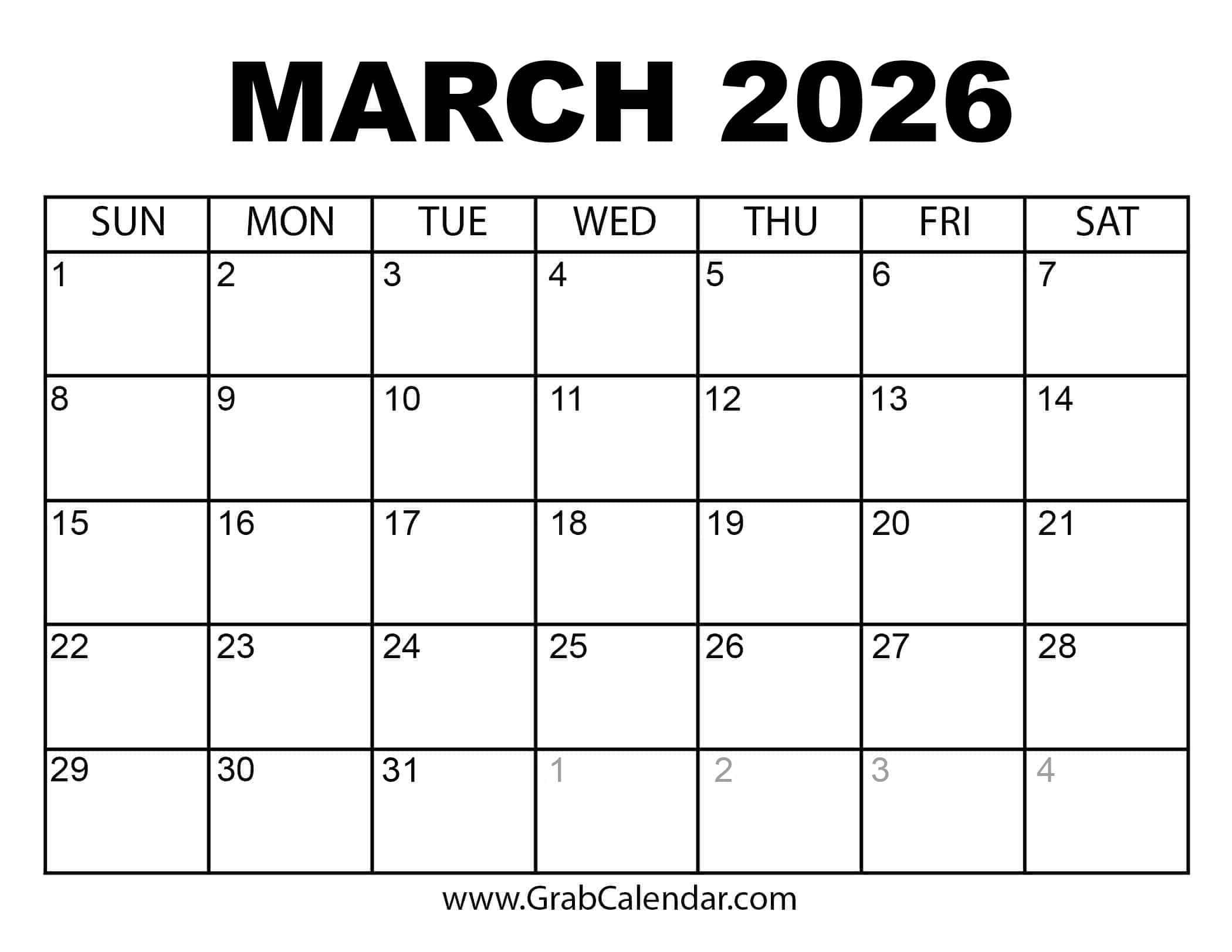 Printable March 2026 Calendar for Printable 2026 March Calendar