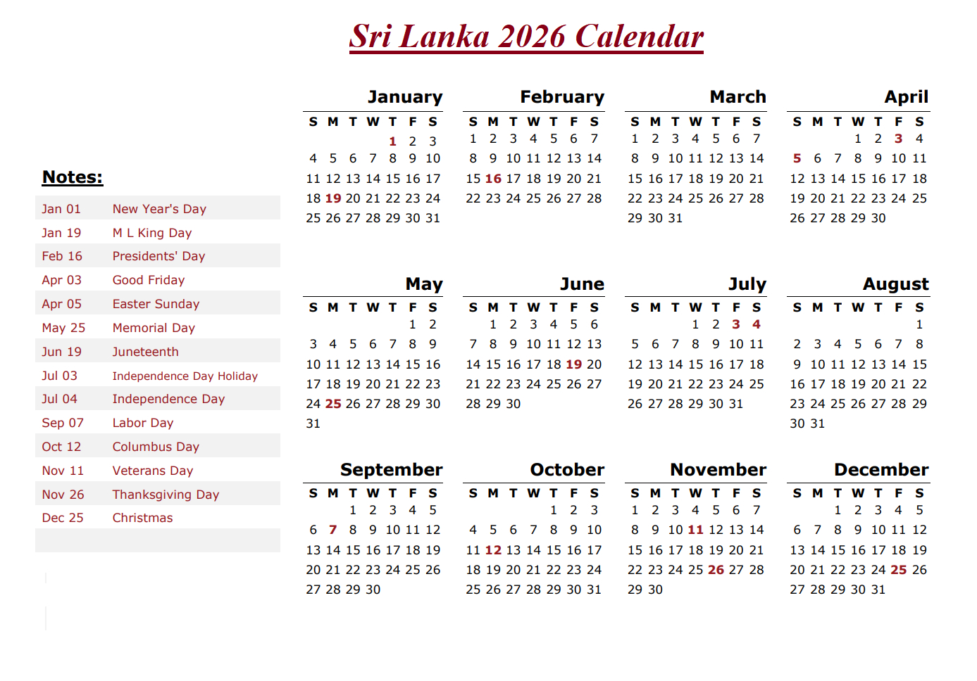 Printable Sri Lanka 2026 Calendar Template With Holidays regarding March Calendar 2026 Sri Lanka