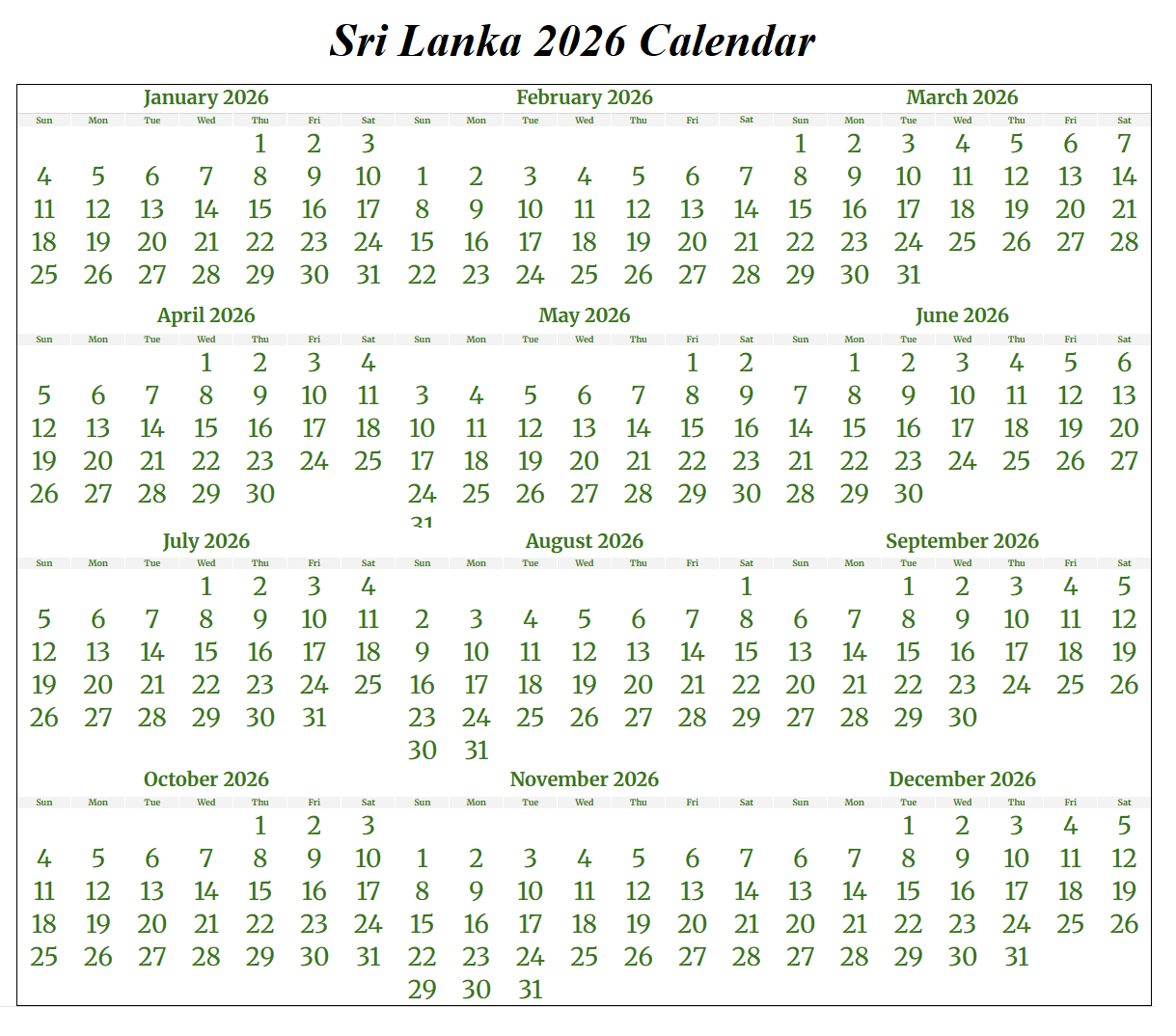 Printable Sri Lanka 2026 Calendar Template With Holidays with regard to March Calendar 2026 Sri Lanka